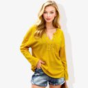 Yellow Large Rivet Detail Notched V-Neck Textured Pocket Detail Long Sleeve Pullover Top