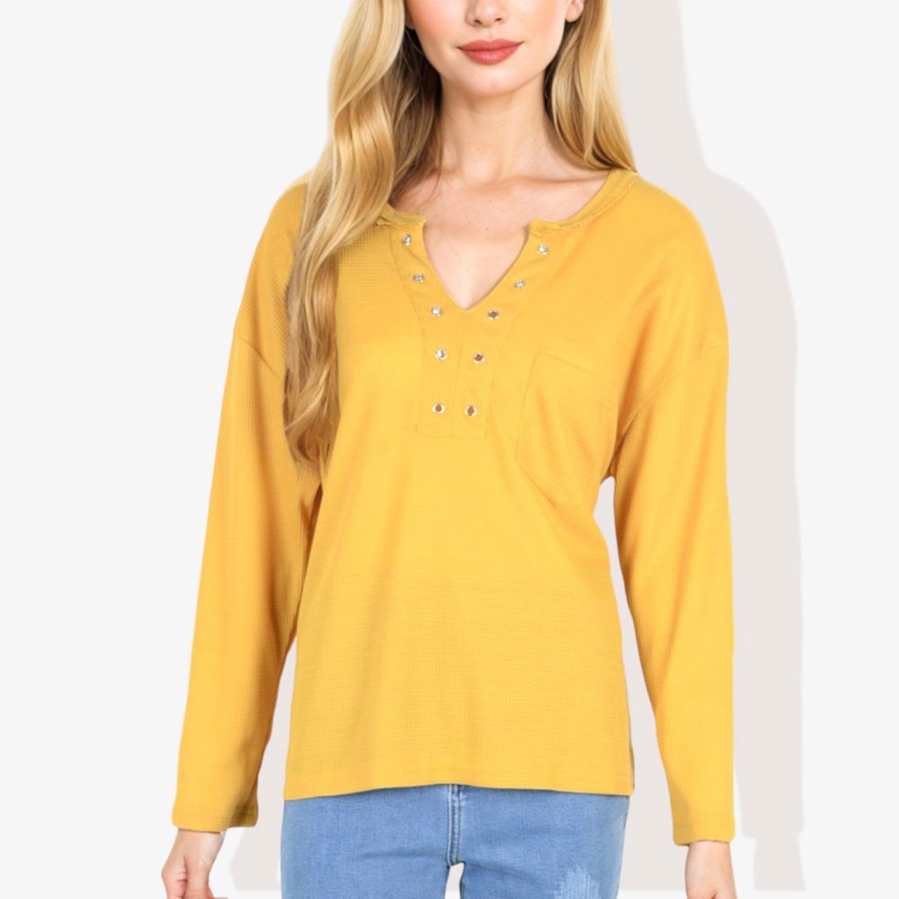 Rivet Detail Notched V-Neck Textured Pocket Detail Long Sleeve Pullover Top