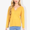 Yellow Large Rivet Detail Notched V-Neck Textured Pocket Detail Long Sleeve Pullover Top