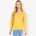 Yellow Large Rivet Detail Notched V-Neck Textured Pocket Detail Long Sleeve Pullover Top