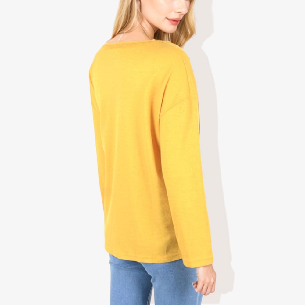 Rivet Detail Notched V-Neck Textured Pocket Detail Long Sleeve Pullover Top