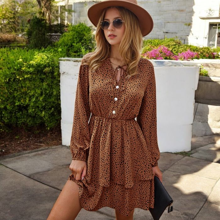 Tiered Long Sleeve Button-Front Dress with Ruffle Details