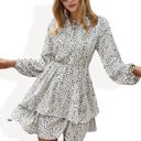 White Large Tiered Long Sleeve Button-Front Dress with Ruffle Details