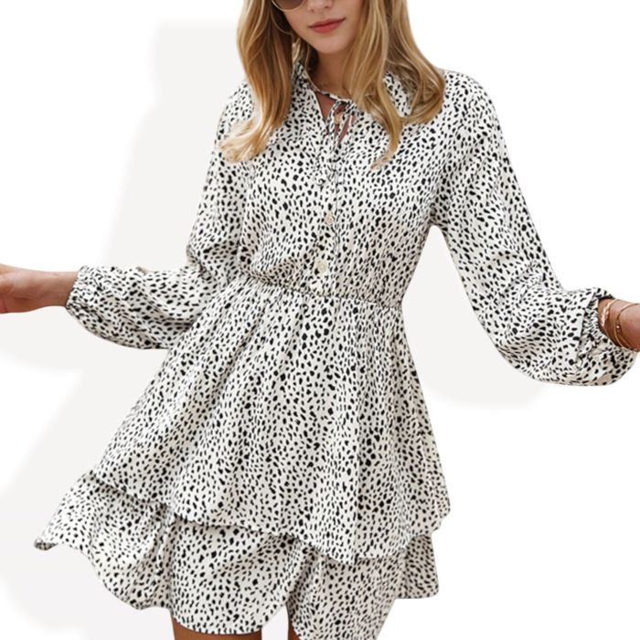 Tiered Long Sleeve Button-Front Dress with Ruffle Details