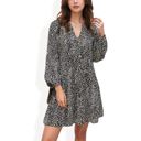 Black Large Leopard Print Mini Dress with Long Lantern Sleeves