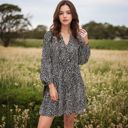 Black Large Leopard Print Mini Dress with Long Lantern Sleeves