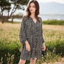 Black Large Leopard Print Mini Dress with Long Lantern Sleeves