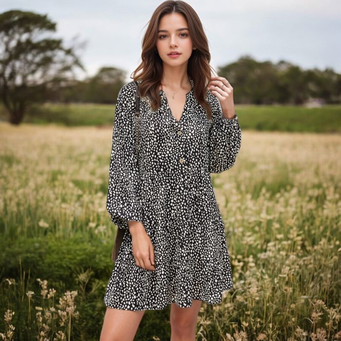 Leopard Print Mini Dress with Long Lantern Sleeves