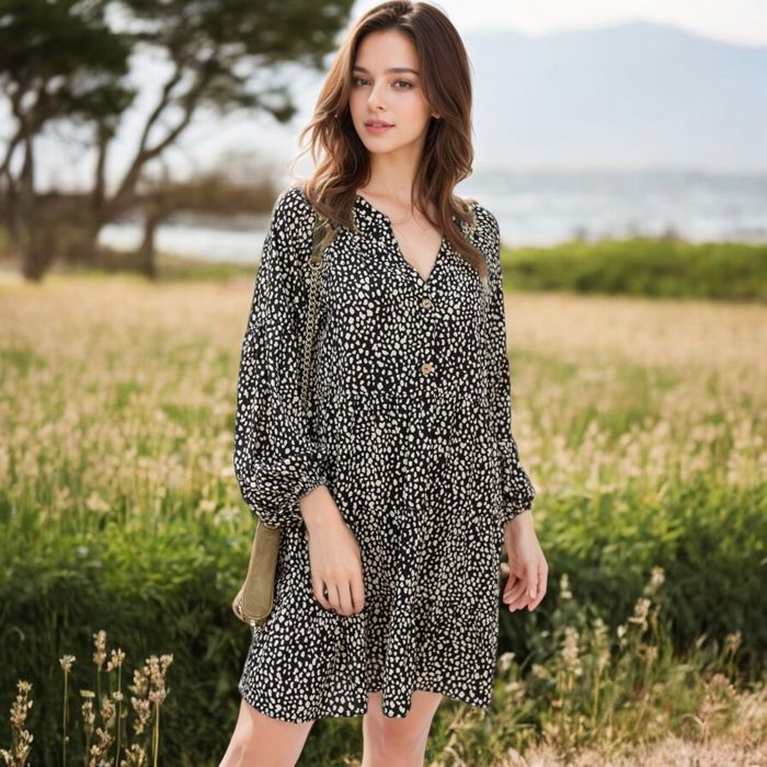 Leopard Print Mini Dress with Long Lantern Sleeves