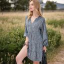 Blue Large Leopard Print Mini Dress with Long Lantern Sleeves