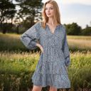 Blue Large Leopard Print Mini Dress with Long Lantern Sleeves