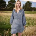 Blue Small Leopard Print Mini Dress with Long Lantern Sleeves