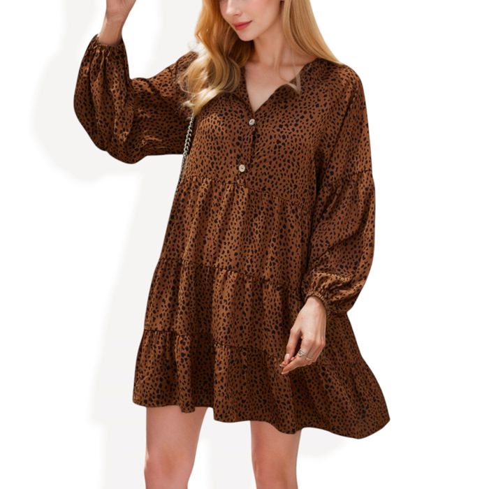 Leopard Print Mini Dress with Long Lantern Sleeves