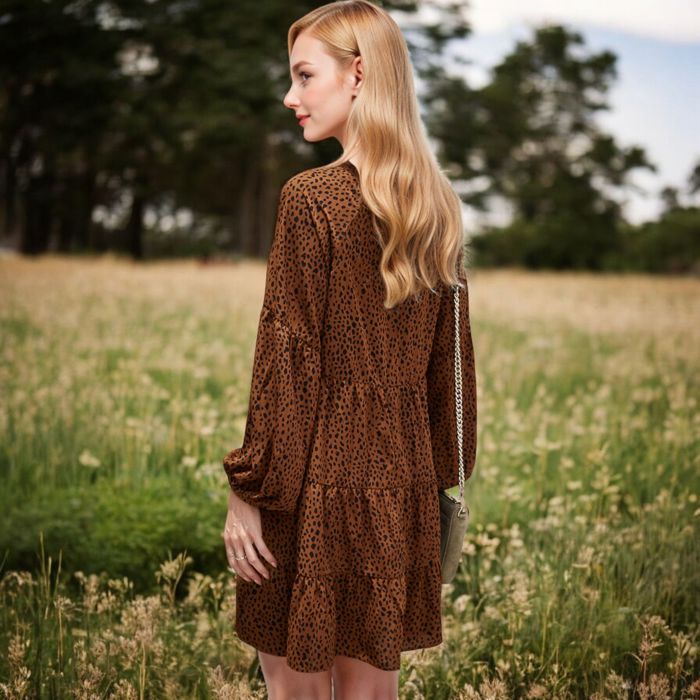 Leopard Print Mini Dress with Long Lantern Sleeves