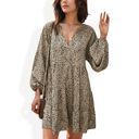 Beige Large Leopard Print Mini Dress with Long Lantern Sleeves