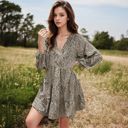 Beige Large Leopard Print Mini Dress with Long Lantern Sleeves