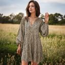 Beige Large Leopard Print Mini Dress with Long Lantern Sleeves