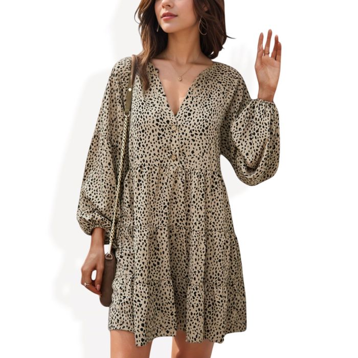 Leopard Print Mini Dress with Long Lantern Sleeves