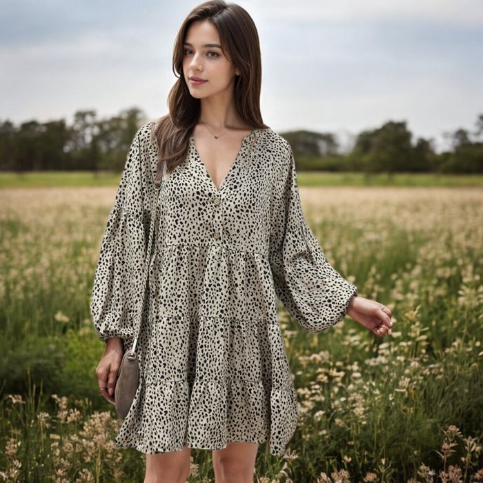 Leopard Print Mini Dress with Long Lantern Sleeves