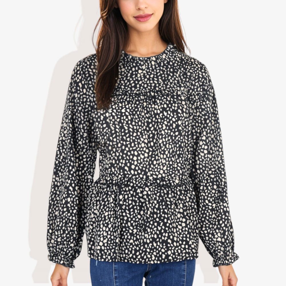 Round Neck Ruffle Tier Leopard Print Long Bishop Blouse