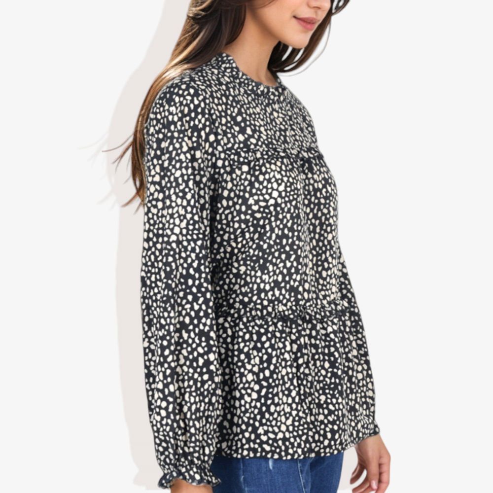 Round Neck Ruffle Tier Leopard Print Long Bishop Blouse