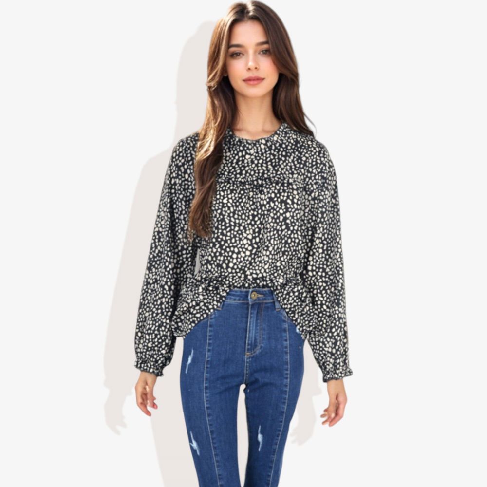 Round Neck Ruffle Tier Leopard Print Long Bishop Blouse