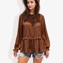 Brown Large Round Neck Ruffle Tier Leopard Print Long Bishop Blouse