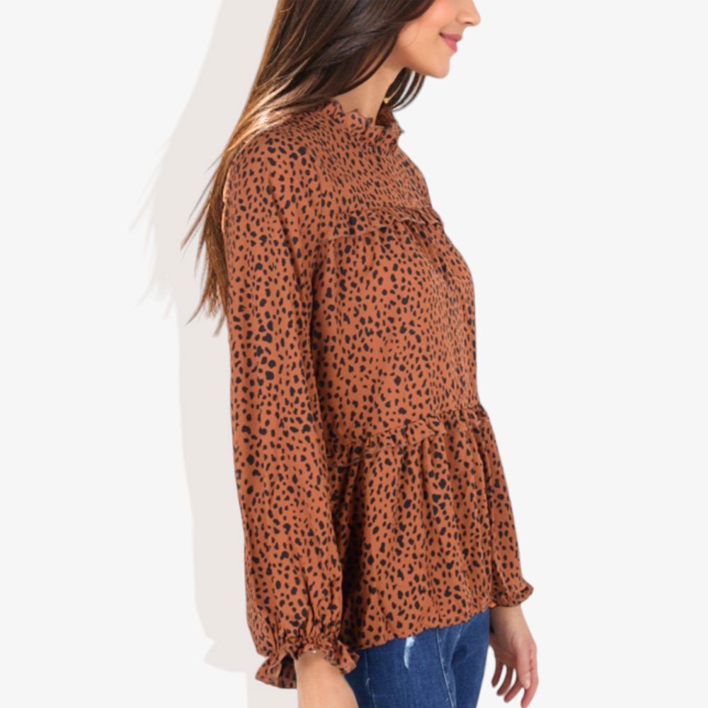 Round Neck Ruffle Tier Leopard Print Long Bishop Blouse