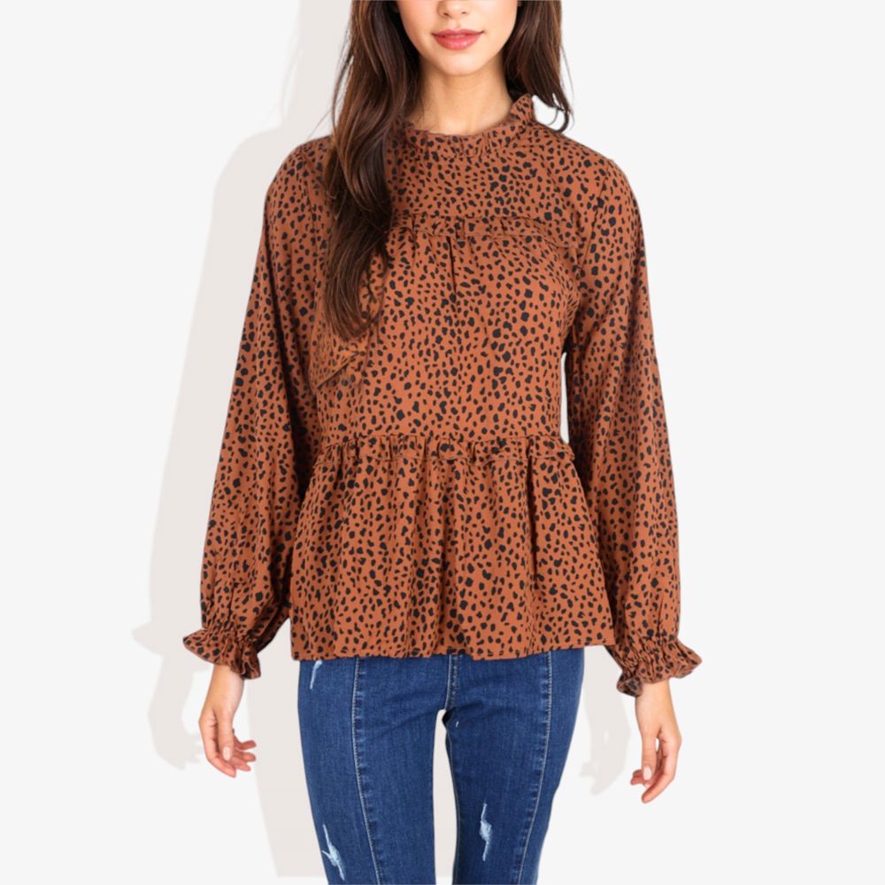 Round Neck Ruffle Tier Leopard Print Long Bishop Blouse