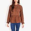 Brown Small Round Neck Ruffle Tier Leopard Print Long Bishop Blouse