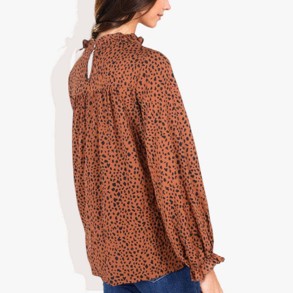 Round Neck Ruffle Tier Leopard Print Long Bishop Blouse