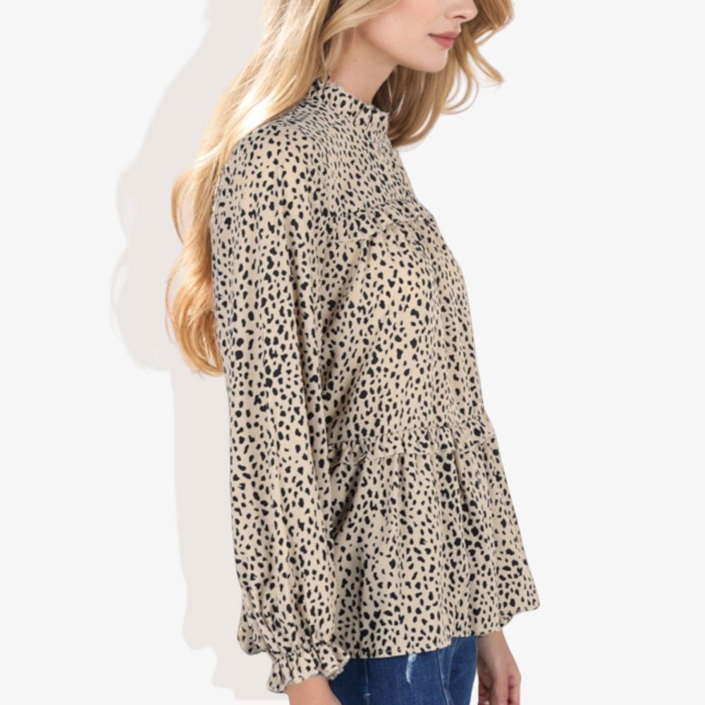 Round Neck Ruffle Tier Leopard Print Long Bishop Blouse