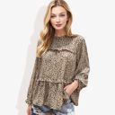 Beige Medium Round Neck Ruffle Tier Leopard Print Long Bishop Blouse