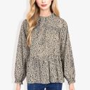 Beige Medium Round Neck Ruffle Tier Leopard Print Long Bishop Blouse