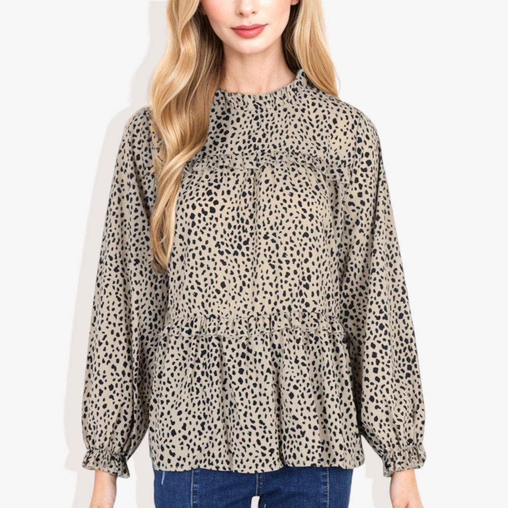 Round Neck Ruffle Tier Leopard Print Long Bishop Blouse