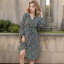  Collar Neck Button Down Belted Bishop Sleeve Midi Floral Print Dress