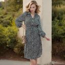  Collar Neck Button Down Belted Bishop Sleeve Midi Floral Print Dress