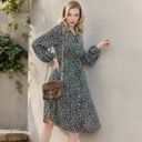  Collar Neck Button Down Belted Bishop Sleeve Midi Floral Print Dress