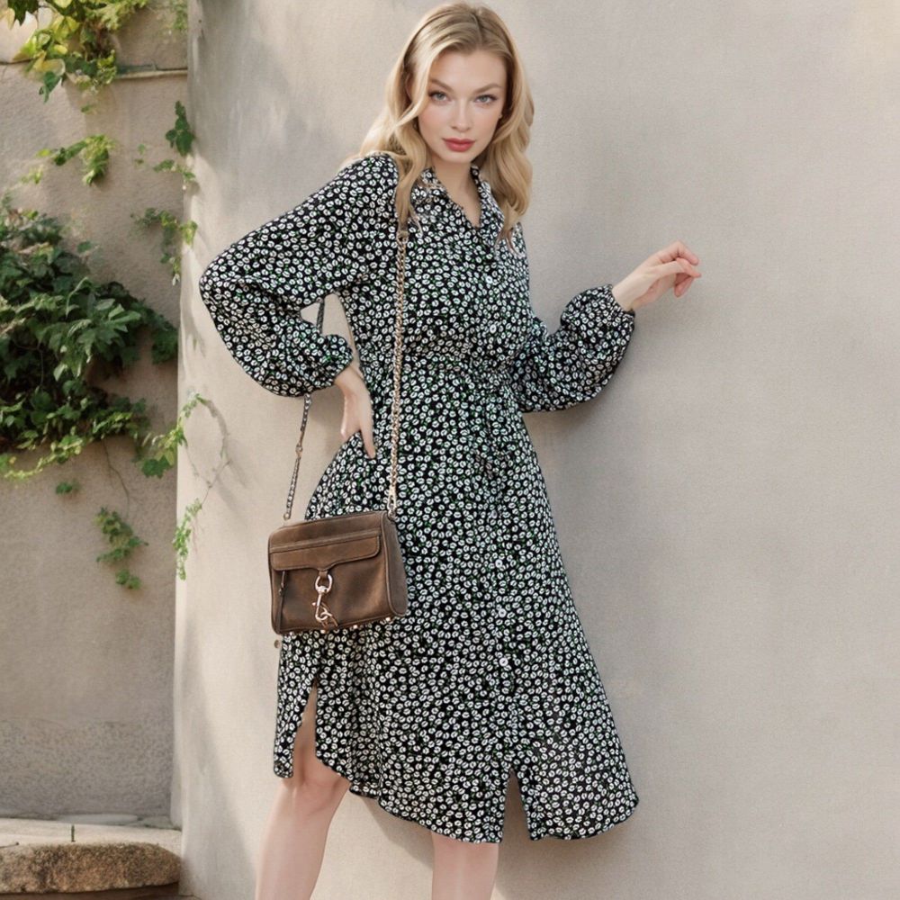 Collar Neck Button Down Belted Bishop Sleeve Midi Floral Print Dress