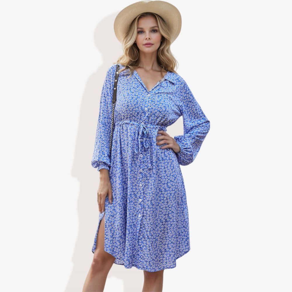 Collar Neck Button Down Belted Bishop Sleeve Midi Floral Print Dress