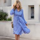 Blue Large Collar Neck Button Down Belted Bishop Sleeve Midi Floral Print Dress