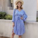 Blue Large Collar Neck Button Down Belted Bishop Sleeve Midi Floral Print Dress