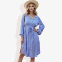 Blue Medium Collar Neck Button Down Belted Bishop Sleeve Midi Floral Print Dress