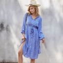 Blue Medium Collar Neck Button Down Belted Bishop Sleeve Midi Floral Print Dress