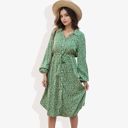 Green Large Collar Neck Button Down Belted Bishop Sleeve Midi Floral Print Dress