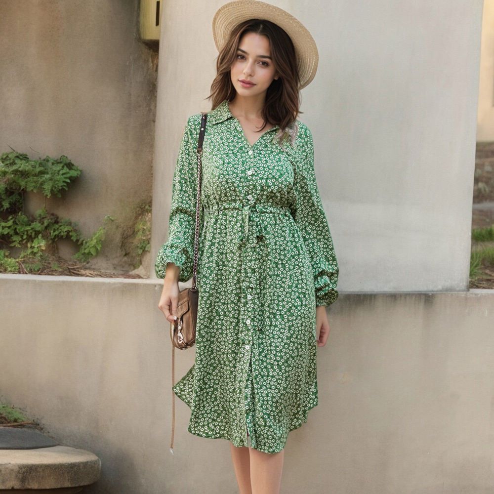 Collar Neck Button Down Belted Bishop Sleeve Midi Floral Print Dress