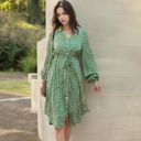 Green Large Collar Neck Button Down Belted Bishop Sleeve Midi Floral Print Dress