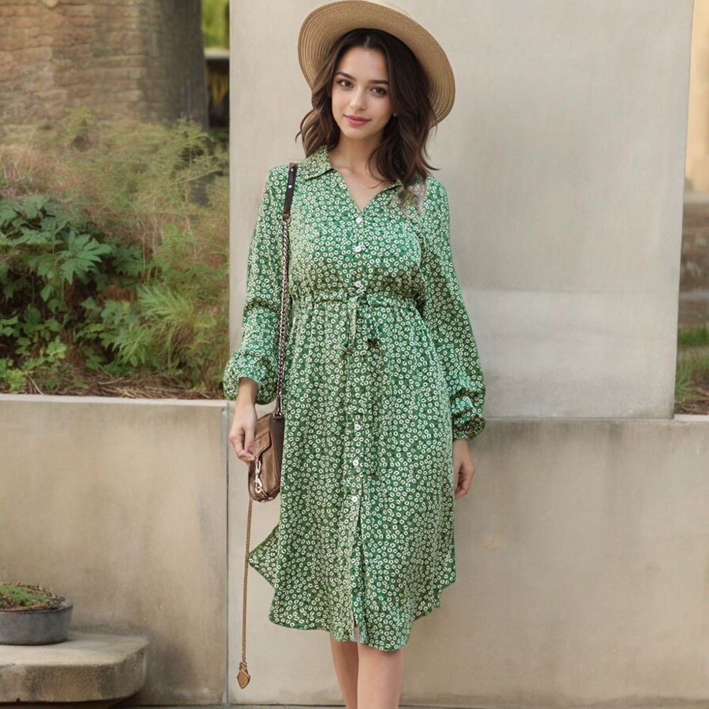 Collar Neck Button Down Belted Bishop Sleeve Midi Floral Print Dress