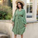 Green Large Collar Neck Button Down Belted Bishop Sleeve Midi Floral Print Dress