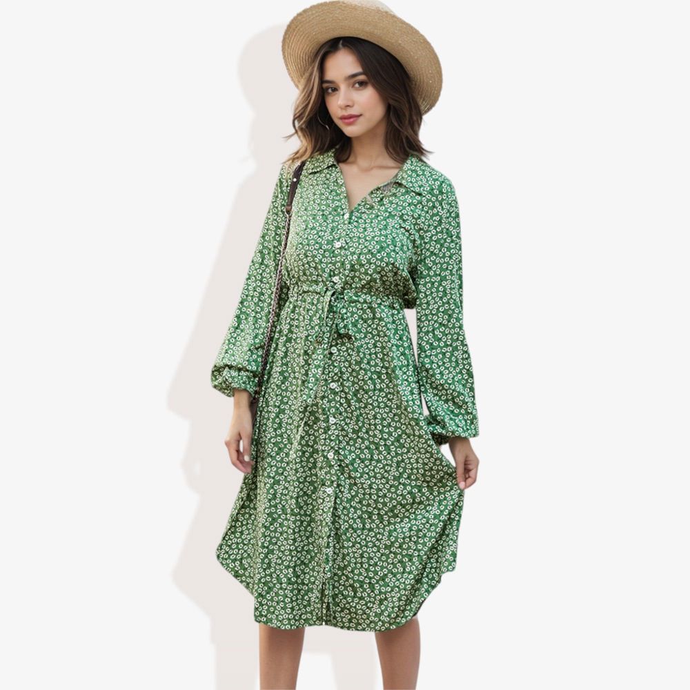 Collar Neck Button Down Belted Bishop Sleeve Midi Floral Print Dress